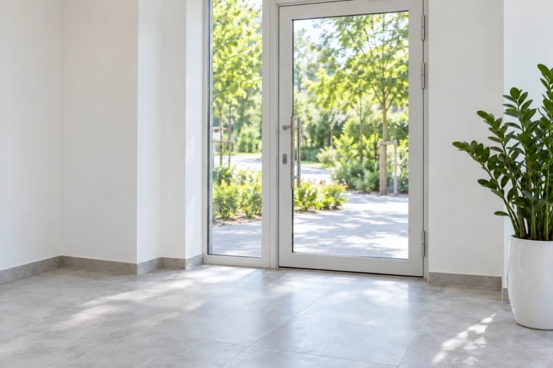 Bright clinic entrance overlooking a garden